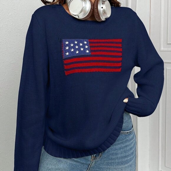 Blue Casual Womens Flag Pattern Sweater - Picture 4 of 5